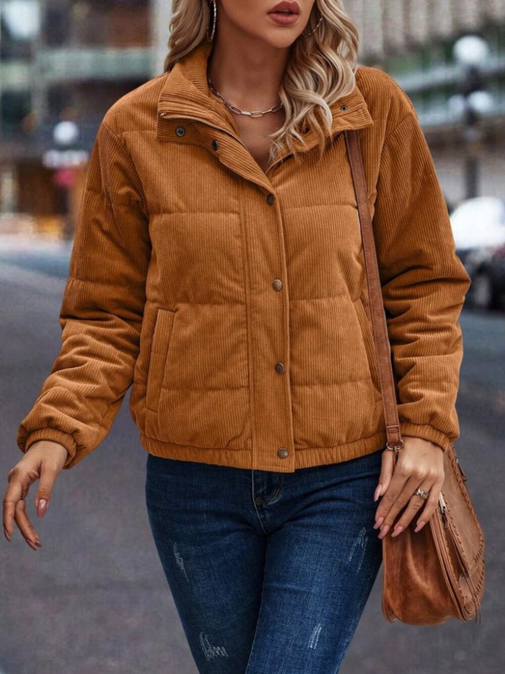 Camel Corduroy Puffer Jacket with Funnel Neck Zip Front - Picture 4 of 6